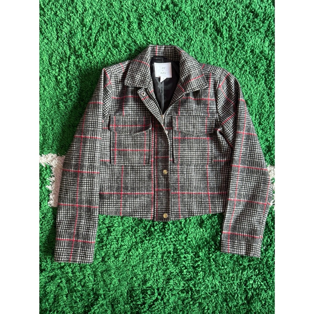 Ivy + Main Womens Glen Plaid Cropped Jacket Black‎ Red White Zip Front Small
